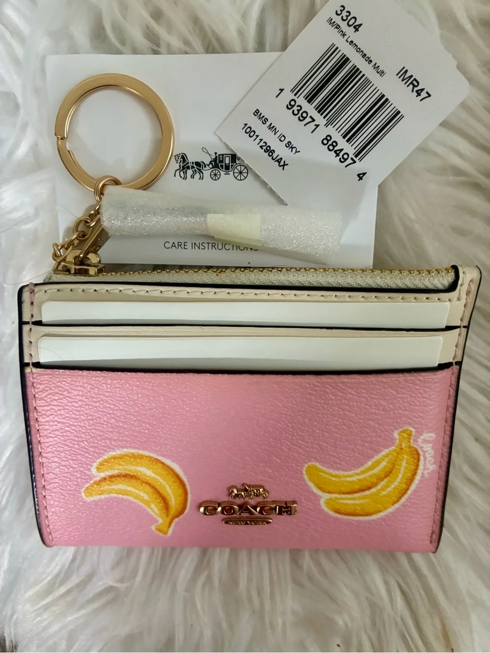 Coach Mini Skinny ID Card Case Bag Charm With Banana Print In Pink Lemonade NWT